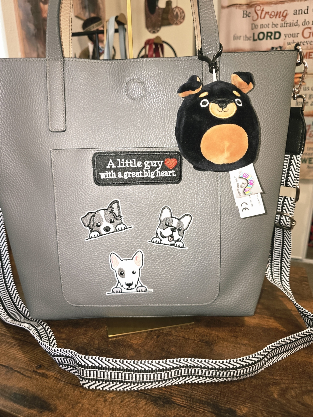 Gray Doggy Tote Bag with Removable Strap and Cute Patch Accents - Picture 2 of 8
